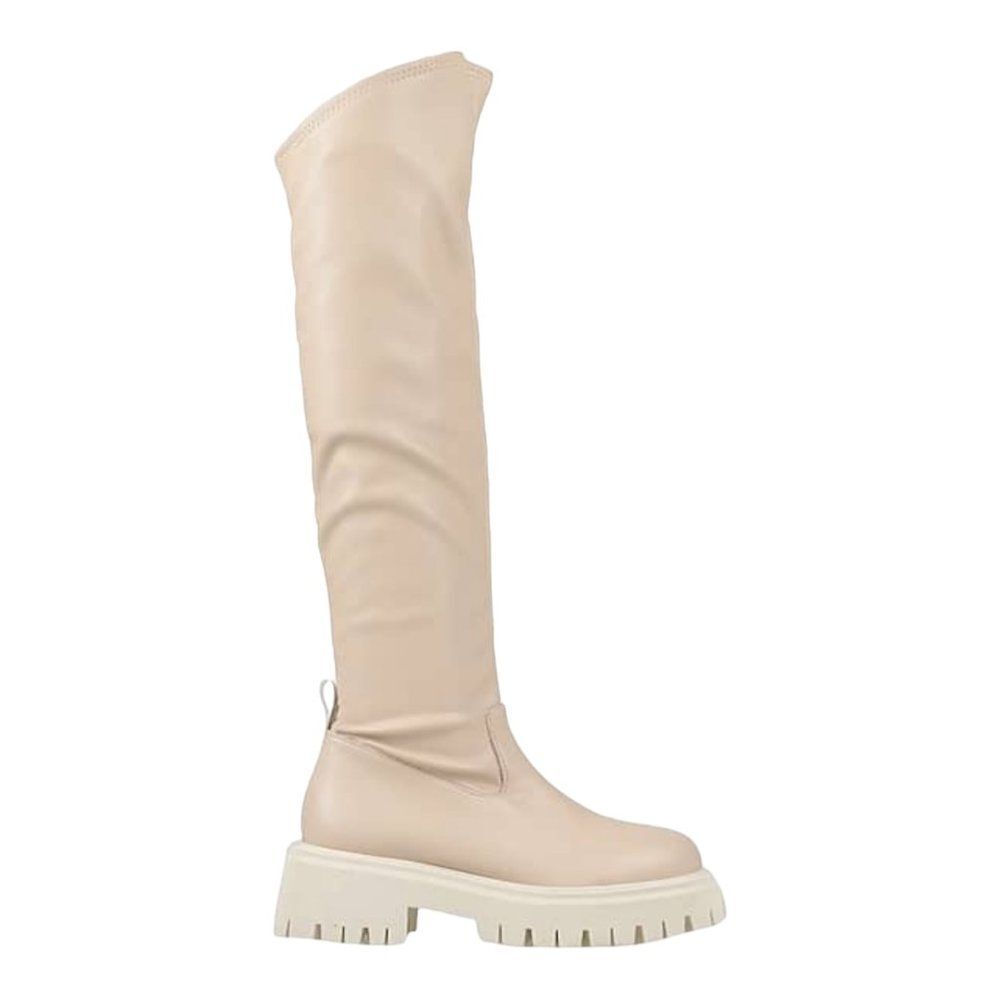 Beige Above Knee Tall Chunky Heel Combat Boots NEW
